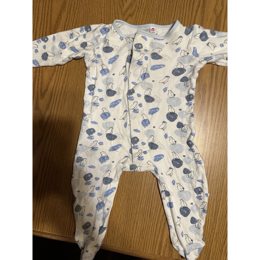 E=mc² Baby Coverall 3-6 Months Magnetic Closure Bird Print Blue White Cotton